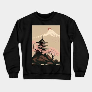 Serene Serenity: Minimal Japanese Temple, Cherry Blossoms and Mount Fiji Crewneck Sweatshirt